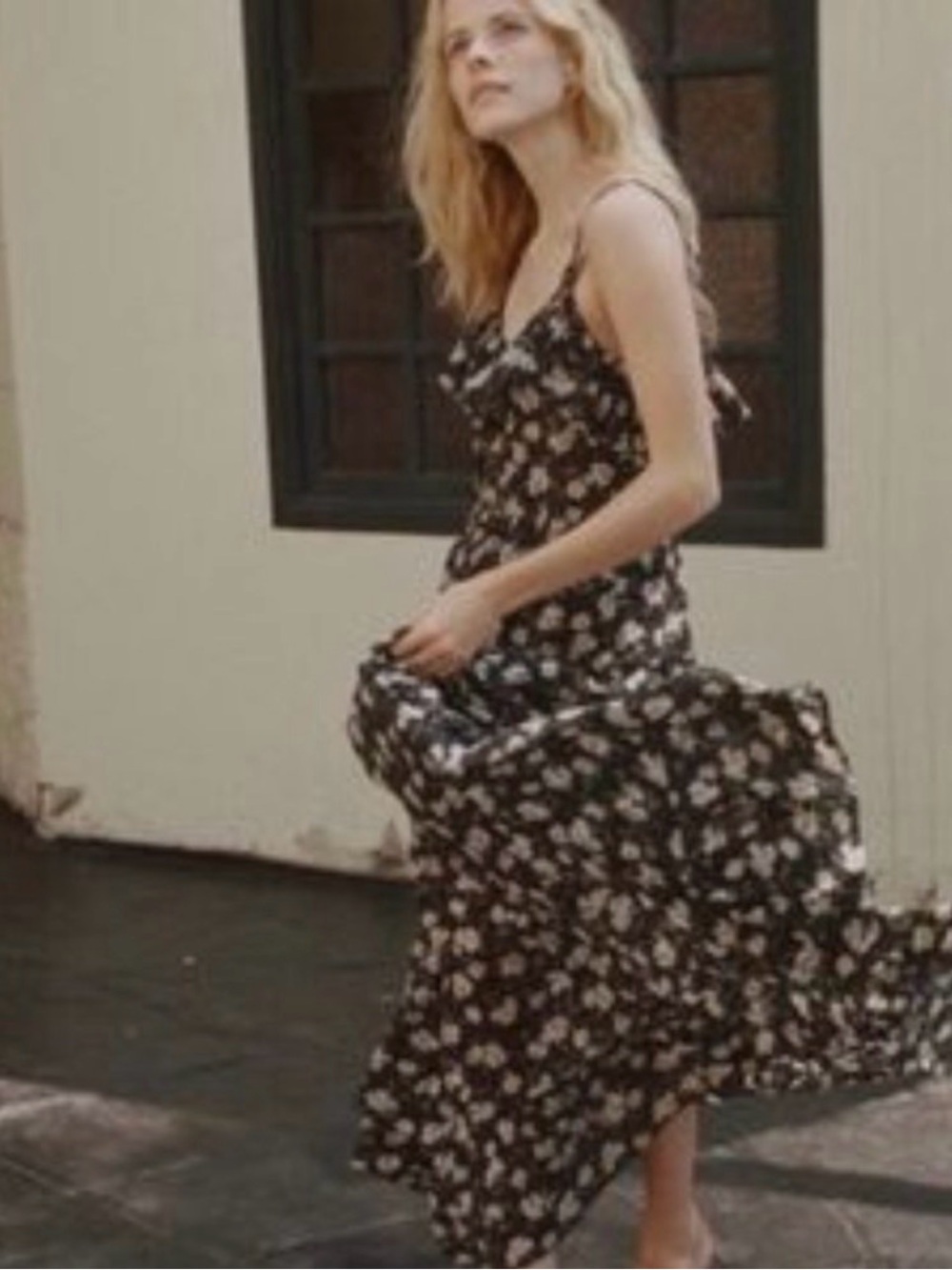 Doen Black Floral Maxi Slip Dress with White Print